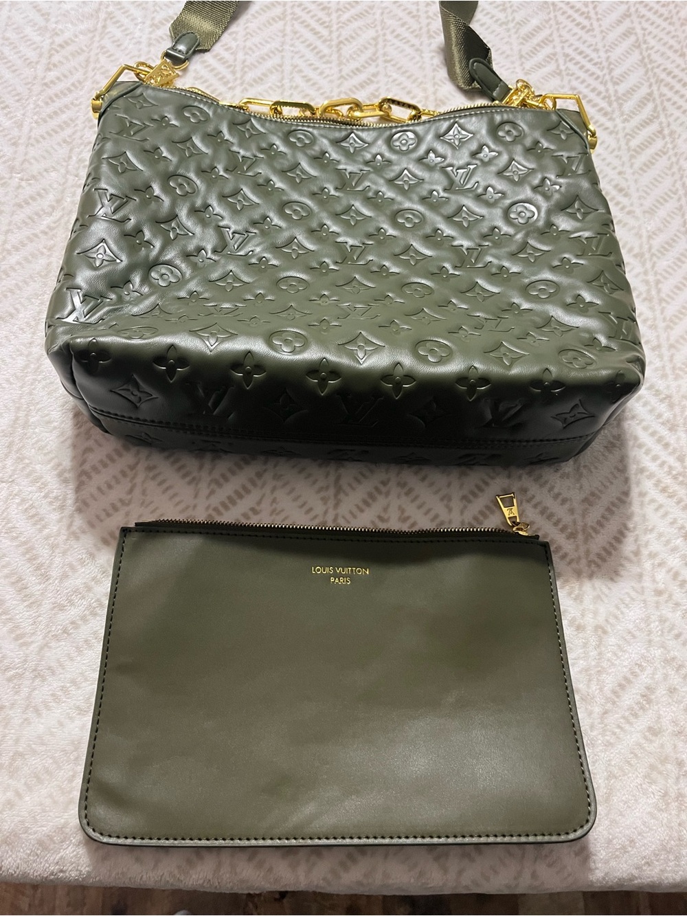 Louis Vuitton Olive Green Embossed Monogram Crossbody with Matching Pouch
